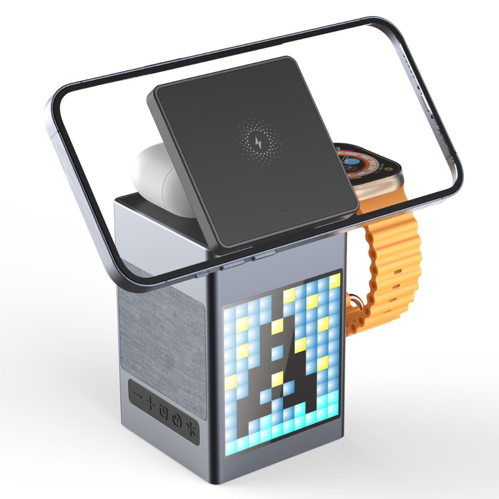 Frendorf | 3 in 1 Magnetischer Ladegerät mit Wecker & Bluetooth-Lautsprecher für Apple