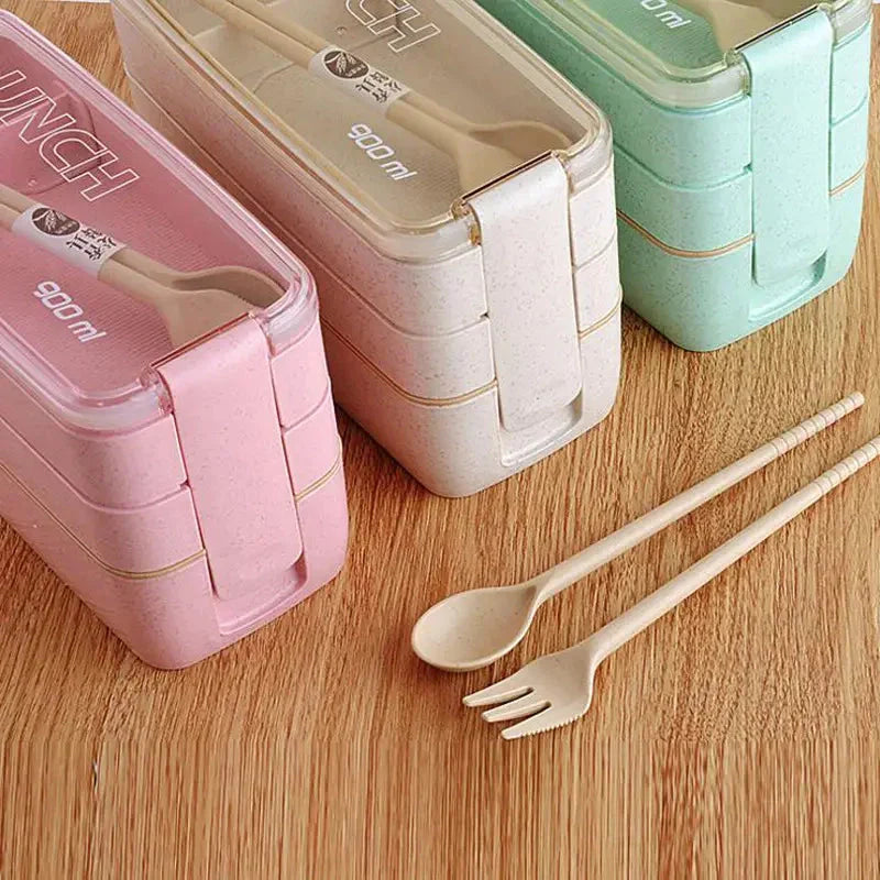 Frendorf | 3-Lag stapelbare Bento-Box Japanisches Lunchbox-Set mit Löffel & Gabel