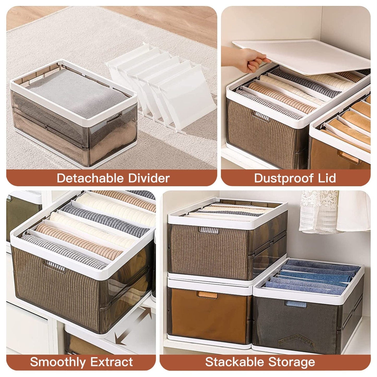 Frendorf | 3-Pack: Faltbare Aufbewahrungsbox mit Deckel Stapelbarer Kunststoff Kleiderschrank Organizer