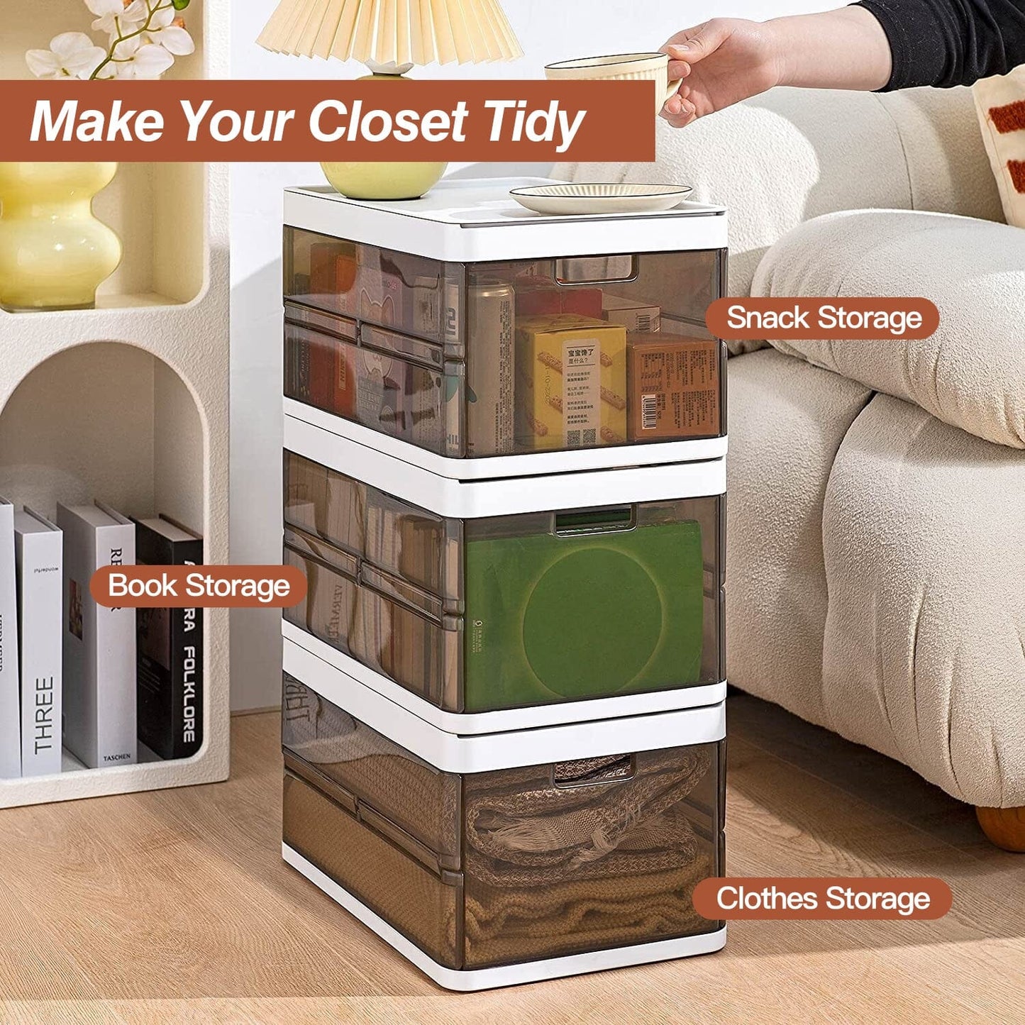 Frendorf | 3-Pack: Faltbare Aufbewahrungsbox mit Deckel Stapelbarer Kunststoff Kleiderschrank Organizer