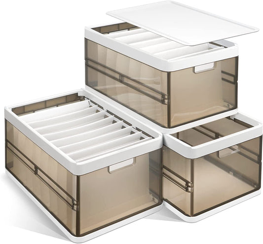 Frendorf | 3-Pack: Faltbare Aufbewahrungsbox mit Deckel Stapelbarer Kunststoff Kleiderschrank Organizer