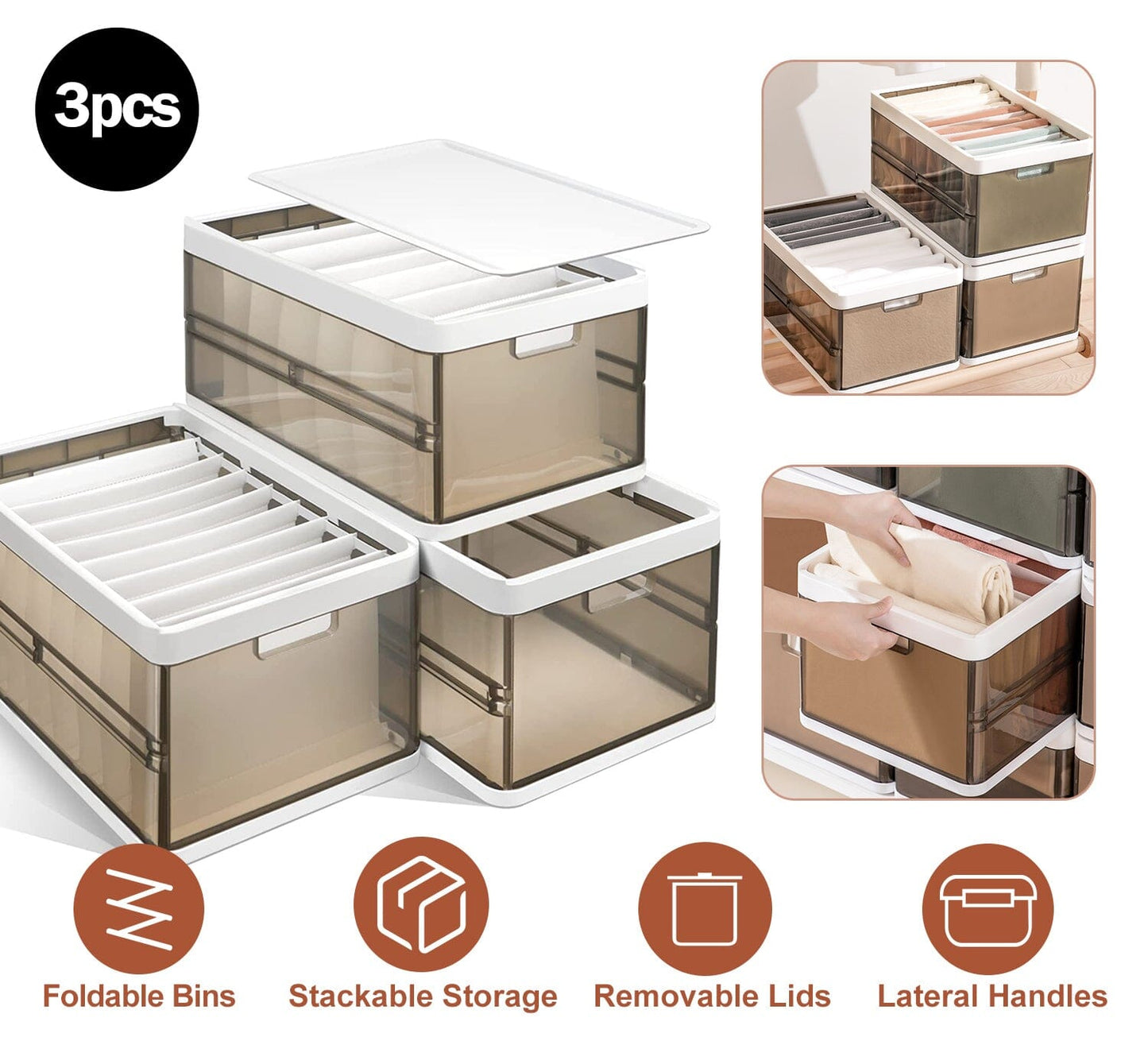 Frendorf | 3-Pack: Faltbare Aufbewahrungsbox mit Deckel Stapelbarer Kunststoff Kleiderschrank Organizer