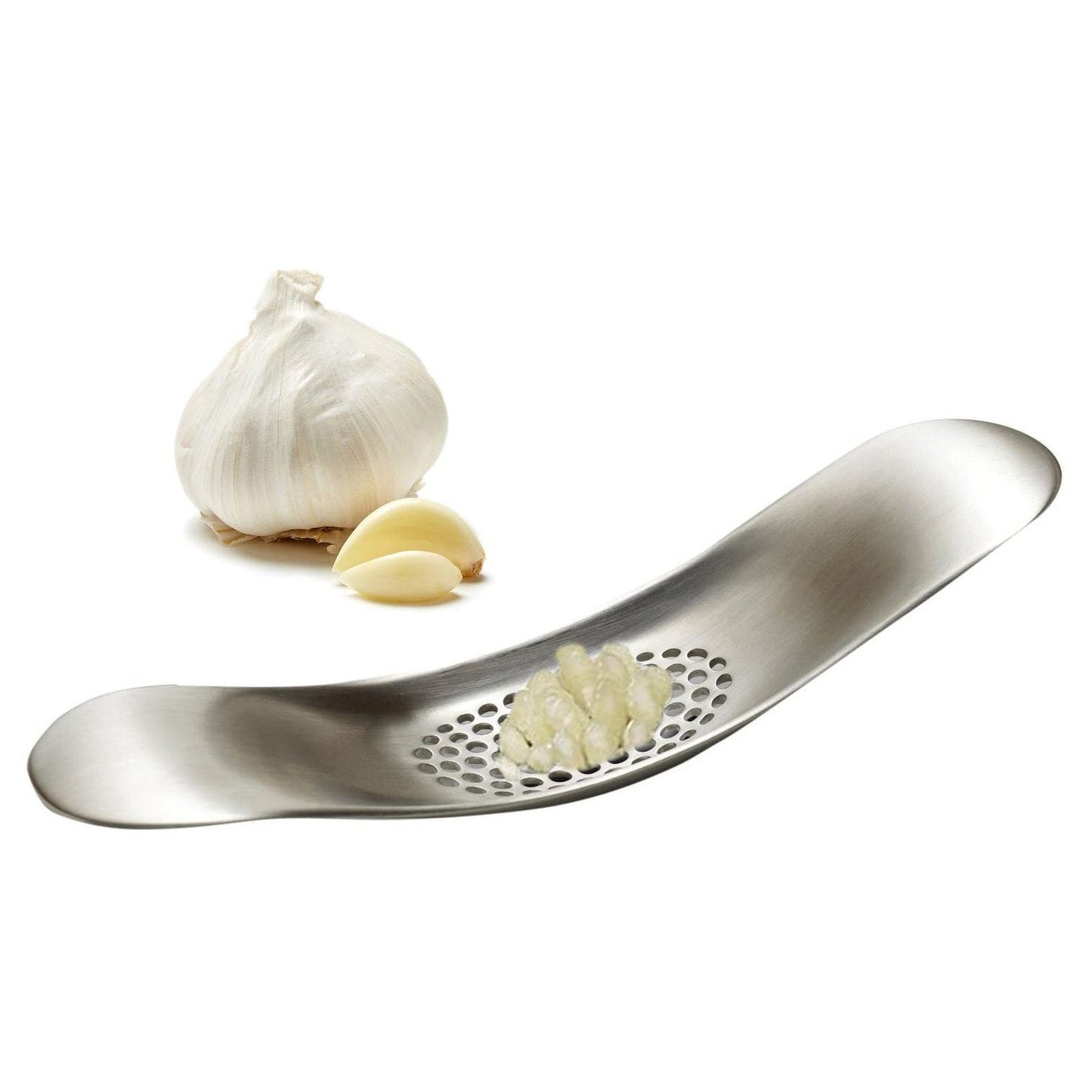 Frendorf | 3-teiliges Set: Edelstahldrucker für Knoblauch und Schäler mit Reinigungsbürste