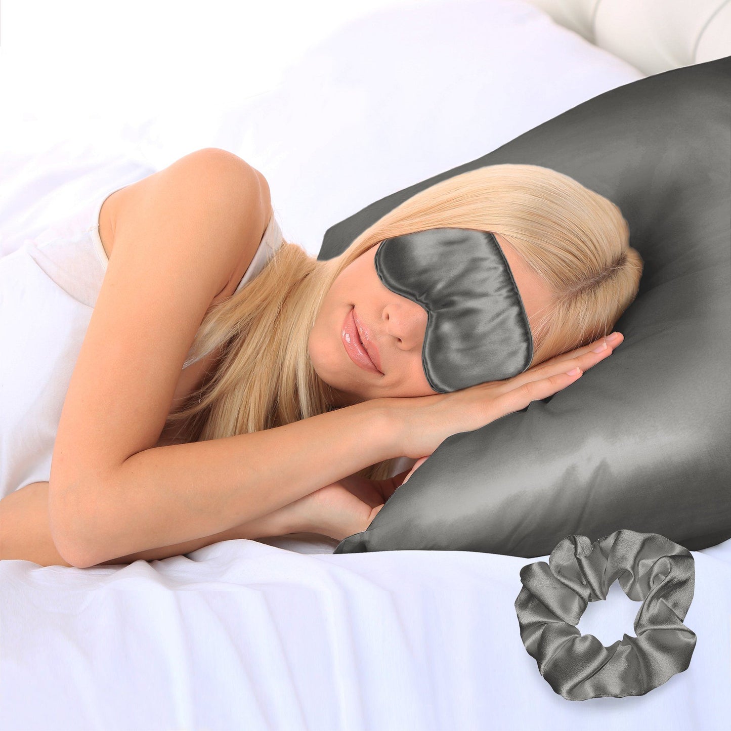 Frendorf | 3-teilige: Superweiches Luxus-Satin-Gesichts- und Haarkissenbezug, Augenmaske und Haargummi