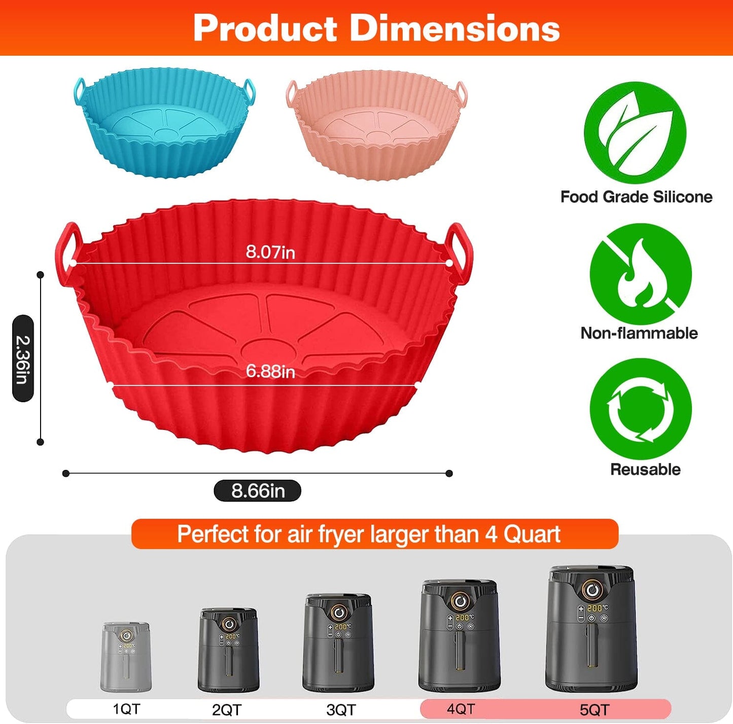 Frendorf | 3-teilig: Wiederverwendbare faltbare Air Fryer Silikon-Topf für 4+ Quart Air Fryer Ofen