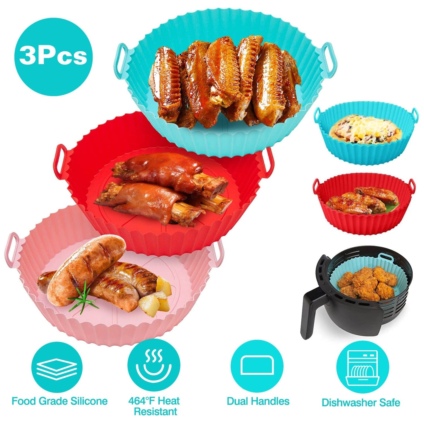 Frendorf | 3-teilig: Wiederverwendbare faltbare Air Fryer Silikon-Topf für 4+ Quart Air Fryer Ofen