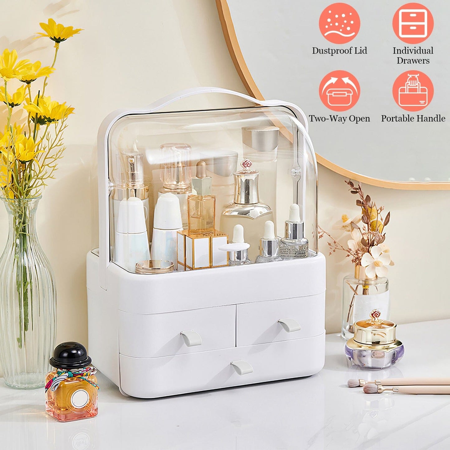 Frendorf | 3-stufige Makeup-Organizer Kosmetikaufbewahrungsbox mit staubdichtem wasserdichtem Deckel