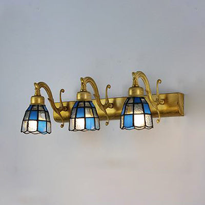 Frendorf | Glas-in-lood Koepel Wandverlichting met Vierkante/Bluetooth Vierkant Patroon en Lineaire Achterplaat Vintage Retro 3 Licht Scone Verlichting in Koper/Antieke Messing/Messing