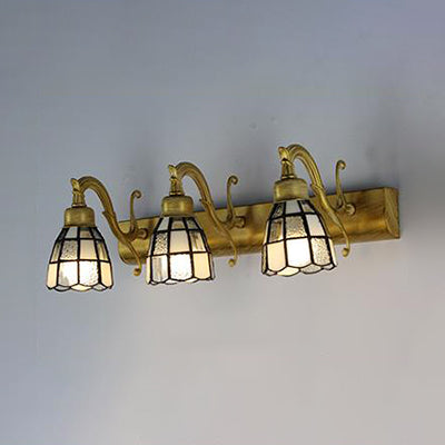 Frendorf | Glas-in-lood Koepel Wandverlichting met Vierkante/Bluetooth Vierkant Patroon en Lineaire Achterplaat Vintage Retro 3 Licht Scone Verlichting in Koper/Antieke Messing/Messing