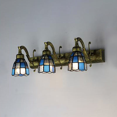 Frendorf | Glas-in-lood Koepel Wandverlichting met Vierkante/Bluetooth Vierkant Patroon en Lineaire Achterplaat Vintage Retro 3 Licht Scone Verlichting in Koper/Antieke Messing/Messing