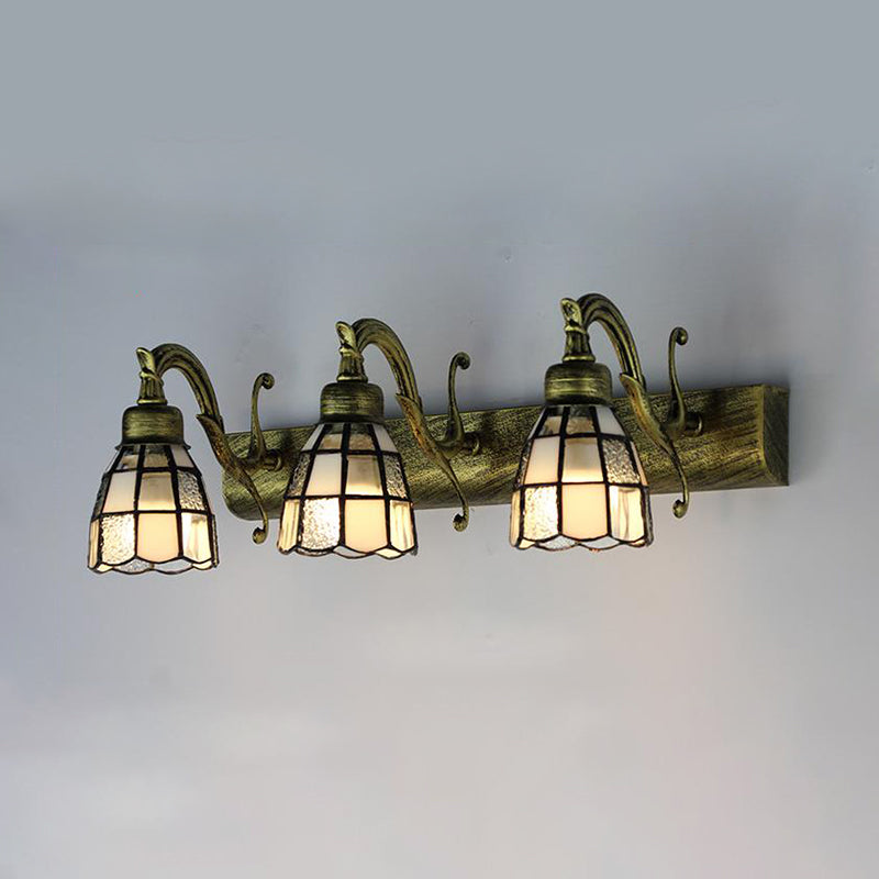 Frendorf | Glas-in-lood Koepel Wandverlichting met Vierkante/Bluetooth Vierkant Patroon en Lineaire Achterplaat Vintage Retro 3 Licht Scone Verlichting in Koper/Antieke Messing/Messing