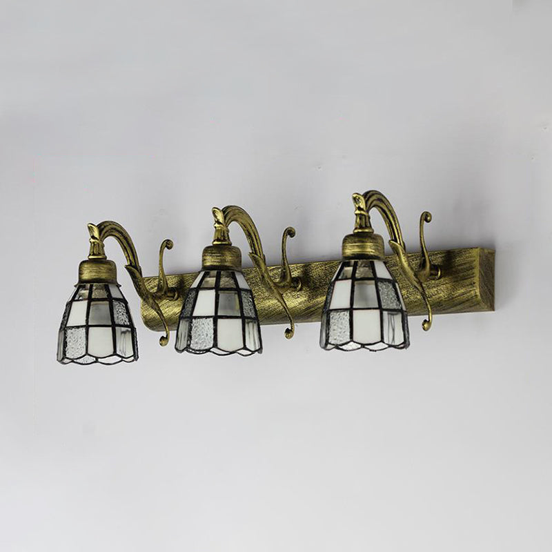 Frendorf | Glas-in-lood Koepel Wandverlichting met Vierkante/Bluetooth Vierkant Patroon en Lineaire Achterplaat Vintage Retro 3 Licht Scone Verlichting in Koper/Antieke Messing/Messing