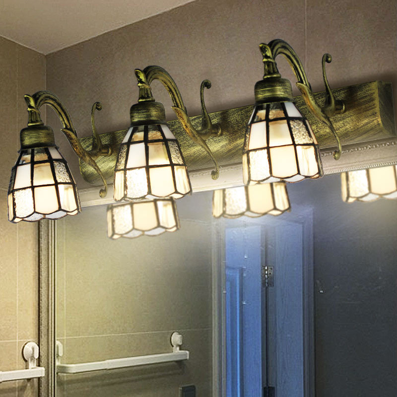 Frendorf | Glas-in-lood Koepel Wandverlichting met Vierkante/Bluetooth Vierkant Patroon en Lineaire Achterplaat Vintage Retro 3 Licht Scone Verlichting in Koper/Antieke Messing/Messing