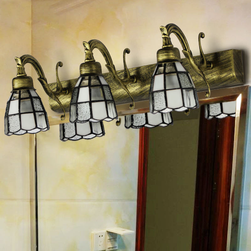 Frendorf | Glas-in-lood Koepel Wandverlichting met Vierkante/Bluetooth Vierkant Patroon en Lineaire Achterplaat Vintage Retro 3 Licht Scone Verlichting in Koper/Antieke Messing/Messing