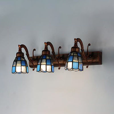 Frendorf | Glas-in-lood Koepel Wandverlichting met Vierkante/Bluetooth Vierkant Patroon en Lineaire Achterplaat Vintage Retro 3 Licht Scone Verlichting in Koper/Antieke Messing/Messing