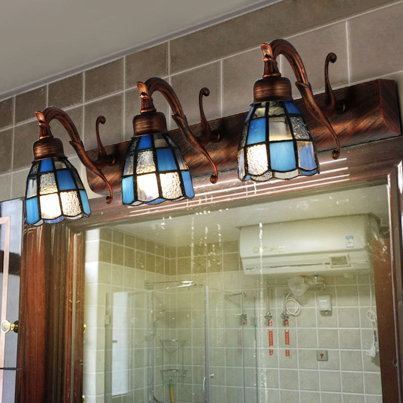 Frendorf | Glas-in-lood Koepel Wandverlichting met Vierkante/Bluetooth Vierkant Patroon en Lineaire Achterplaat Vintage Retro 3 Licht Scone Verlichting in Koper/Antieke Messing/Messing