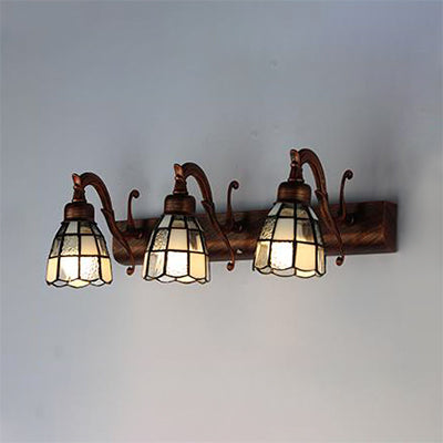 Frendorf | Glas-in-lood Koepel Wandverlichting met Vierkante/Bluetooth Vierkant Patroon en Lineaire Achterplaat Vintage Retro 3 Licht Scone Verlichting in Koper/Antieke Messing/Messing