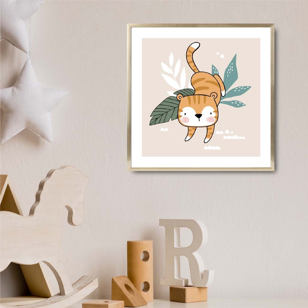 Süßer Tiger GERAHMTER Druck auf beigem Dschungel Kinder Wandkunst
