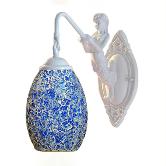 Frendorf | Weißes Kuppelwandbeleuchtungselement Tiffany-Stil 1 Licht Blau/Violett Glas Sconce mit Meerjungfrauen-Deko