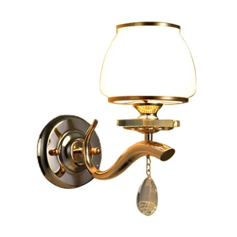 Frendorf | Dome Schlafzimmer Wandleuchte Traditionell Weißes Glas 1/2 Köpfe Wandbeleuchtung Leuchte mit Hänkelkristall