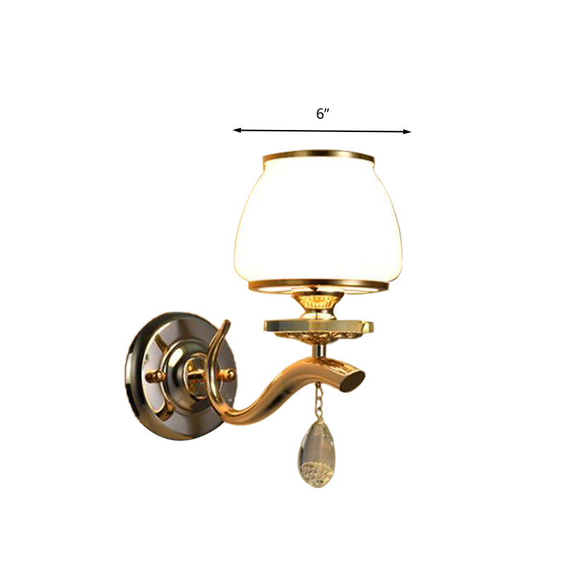 Frendorf | Dome Schlafzimmer Wandleuchte Traditionell Weißes Glas 1/2 Köpfe Wandbeleuchtung Leuchte mit Hänkelkristall