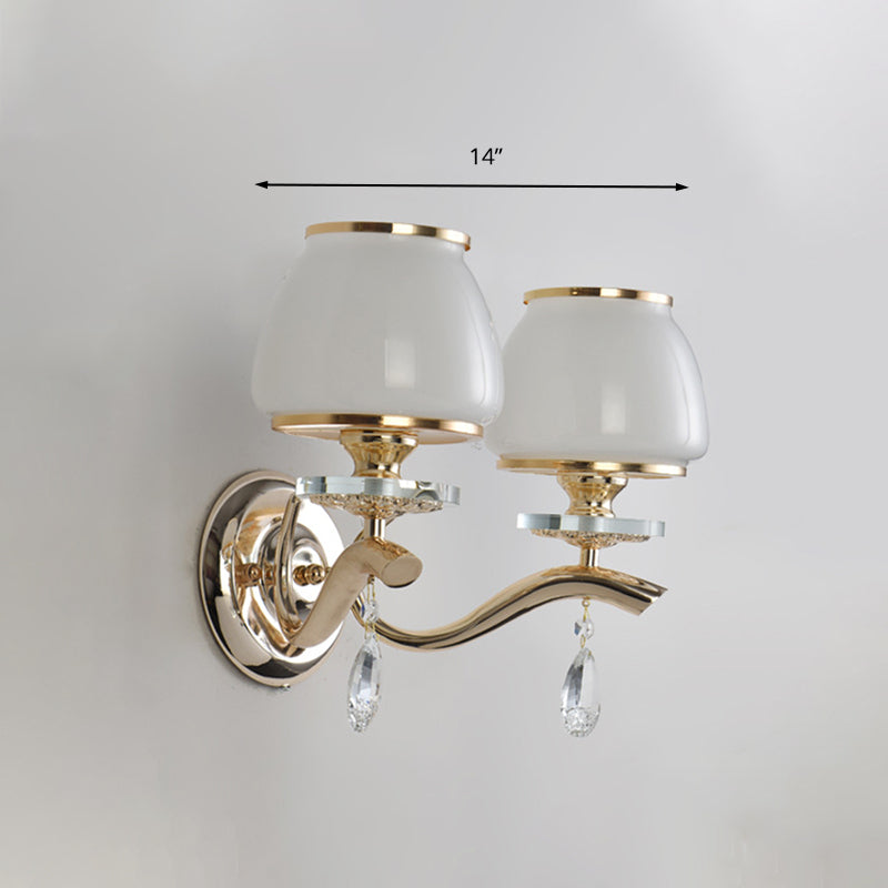 Frendorf | Dome Schlafzimmer Wandleuchte Traditionell Weißes Glas 1/2 Köpfe Wandbeleuchtung Leuchte mit Hänkelkristall