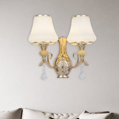 Frendorf | Opal Glas Bel Wand Gemonteerde Lamp Retro 2 Hoofden Woonkamer Wandlamp Verlichting met Kristallen Drapering
