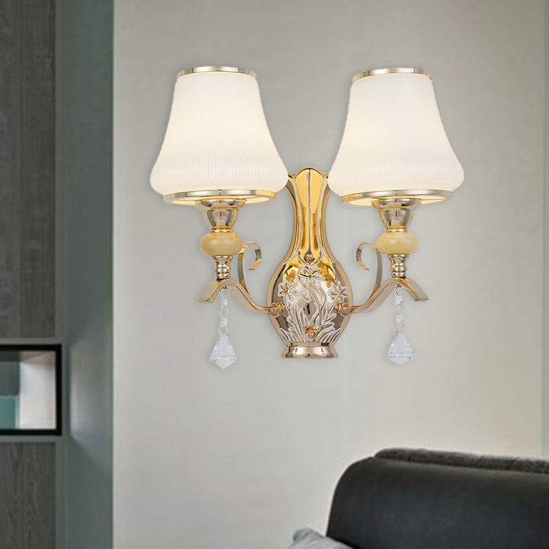 Frendorf | Opal Glas Bel Wand Gemonteerde Lamp Retro 2 Hoofden Woonkamer Wandlamp Verlichting met Kristallen Drapering