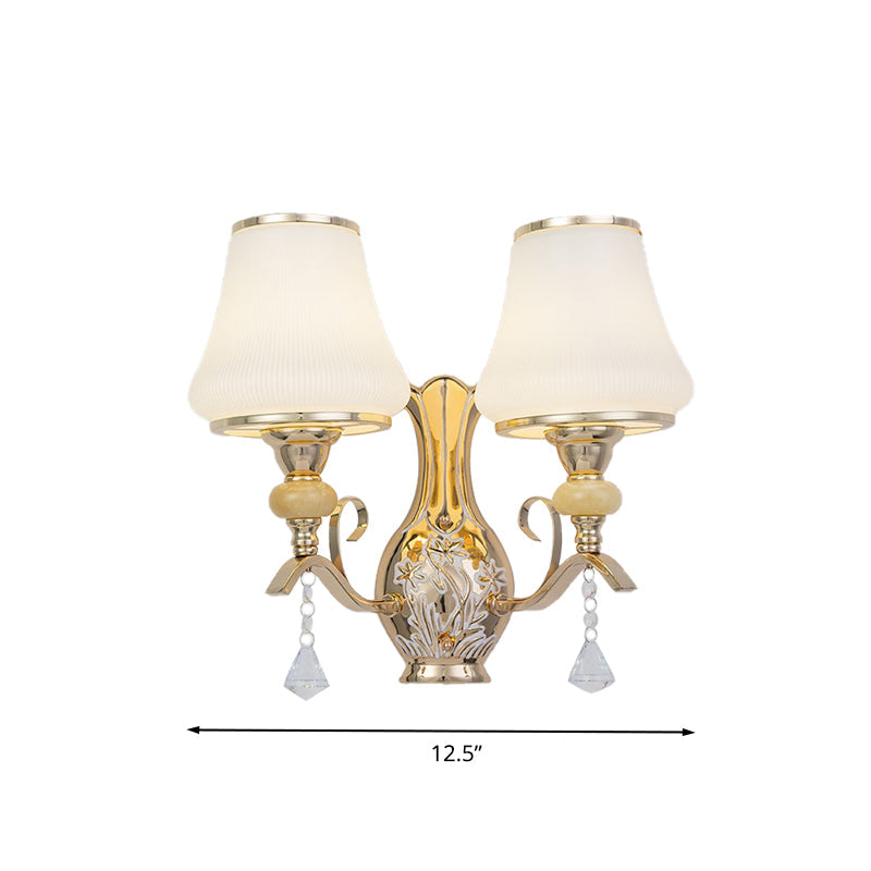 Frendorf | Opal Glas Bel Wand Gemonteerde Lamp Retro 2 Hoofden Woonkamer Wandlamp Verlichting met Kristallen Drapering