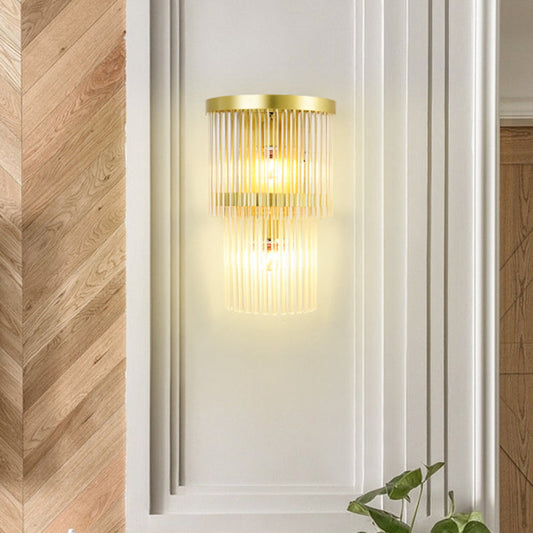 Frendorf | 2 Glühbirnen Halbzylinder Wandleuchte Traditionell Gold Klar Kristall LED Wandlicht für Wohnzimmer