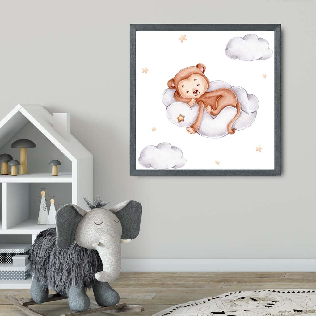 Niedlicher Aquarell Affe Wolke GERAHMTER Kinder Wandkunst Druck