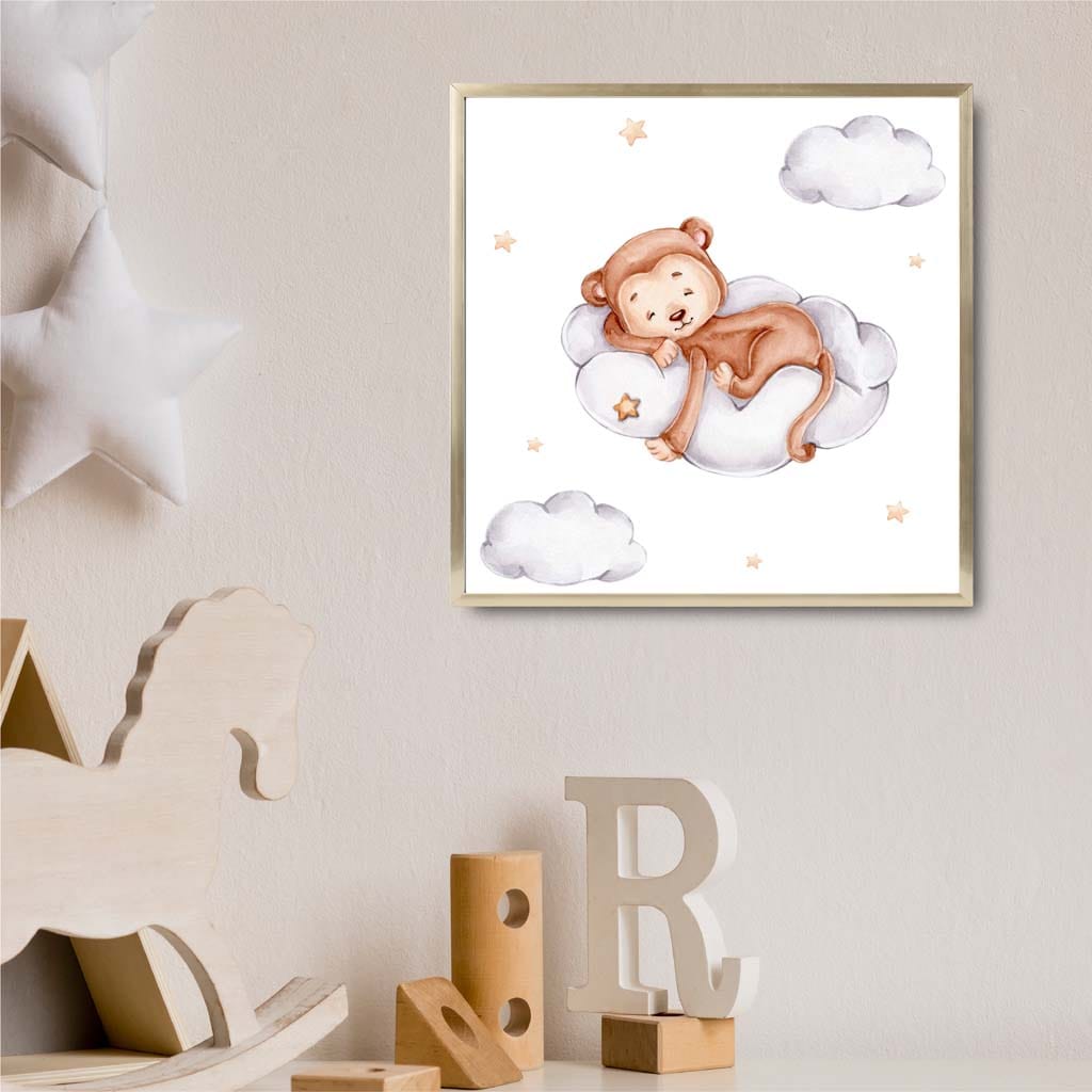 Niedlicher Aquarell Affe Wolke GERAHMTER Kinder Wandkunst Druck