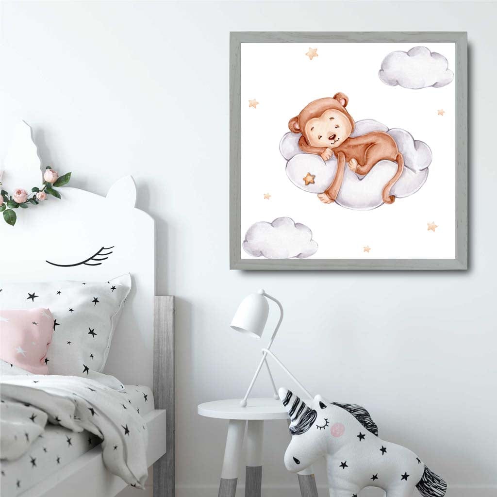 Niedlicher Aquarell Affe Wolke GERAHMTER Kinder Wandkunst Druck