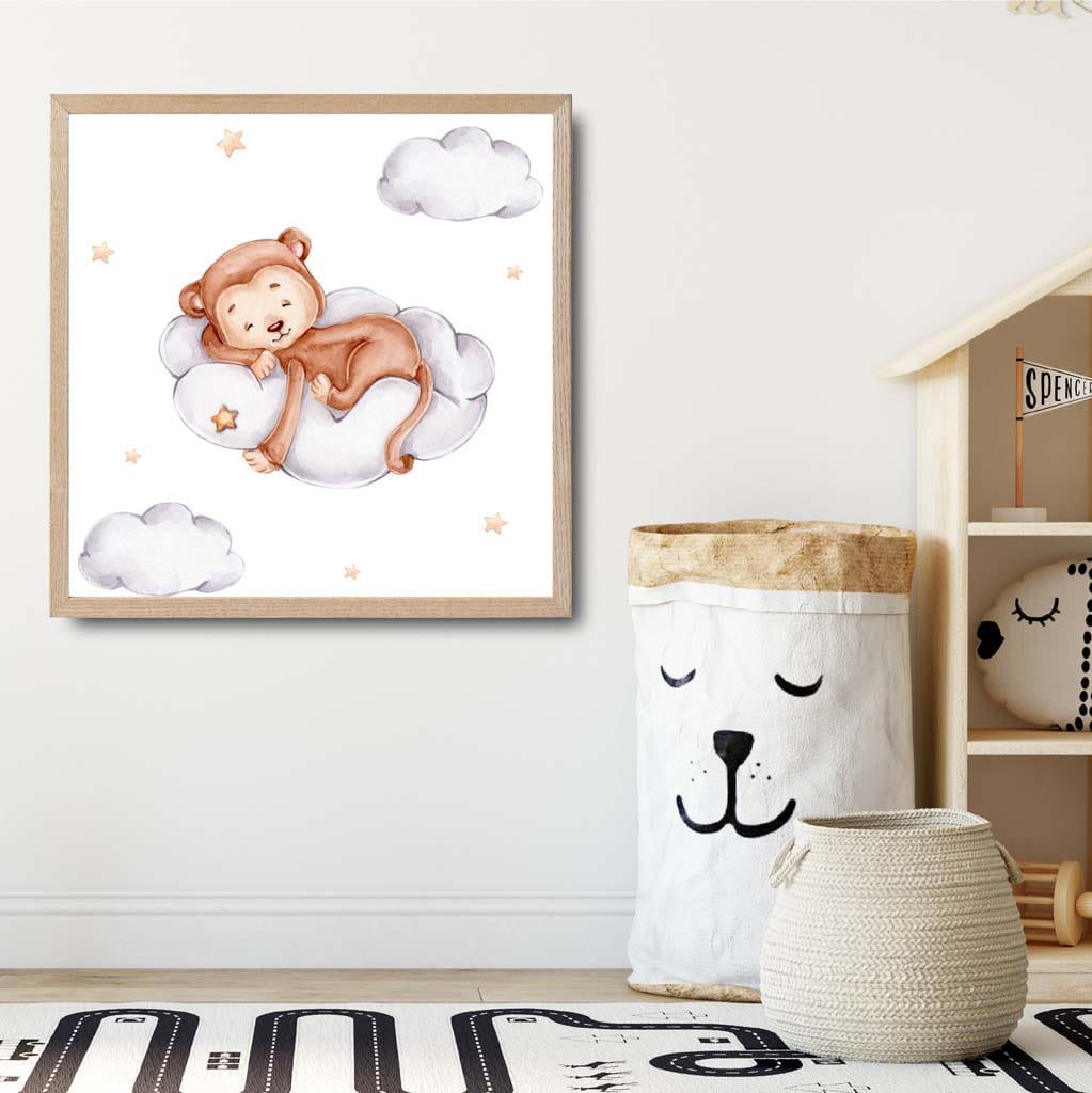 Niedlicher Aquarell Affe Wolke GERAHMTER Kinder Wandkunst Druck