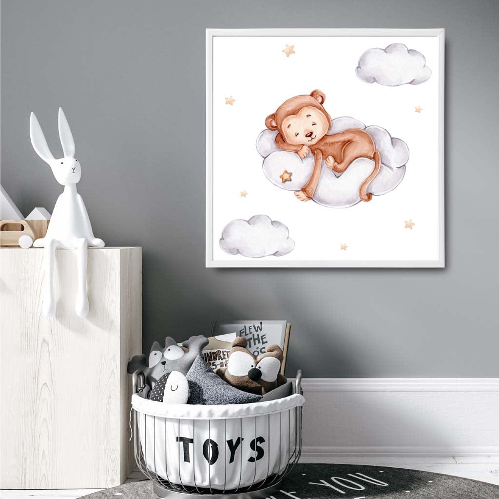 Niedlicher Aquarell Affe Wolke GERAHMTER Kinder Wandkunst Druck