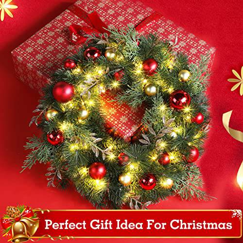 16 Zoll Weihnachtskranz mit 40 warmen LED-Leuchten, realistische PE-Fichte mit roten und goldenen Ornamenten, batteriebetrieben, sichere und langlebige Urlaub Dekoration für Zuhause