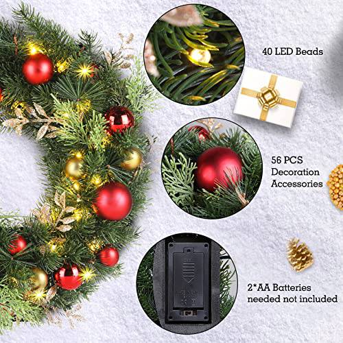16 Zoll Weihnachtskranz mit 40 warmen LED-Leuchten, realistische PE-Fichte mit roten und goldenen Ornamenten, batteriebetrieben, sichere und langlebige Urlaub Dekoration für Zuhause