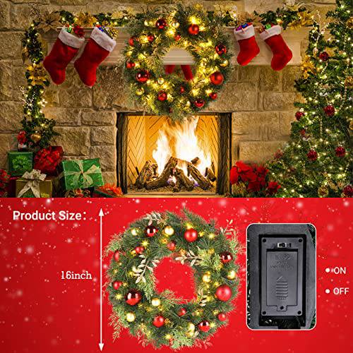 16 Zoll Weihnachtskranz mit 40 warmen LED-Leuchten, realistische PE-Fichte mit roten und goldenen Ornamenten, batteriebetrieben, sichere und langlebige Urlaub Dekoration für Zuhause