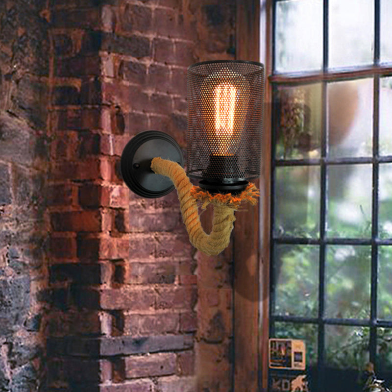 Frendorf | Schwarze Zylinder Wandbeleuchtung Vintage Metall 1 Licht Esszimmer Wandleuchte mit Seilarm
