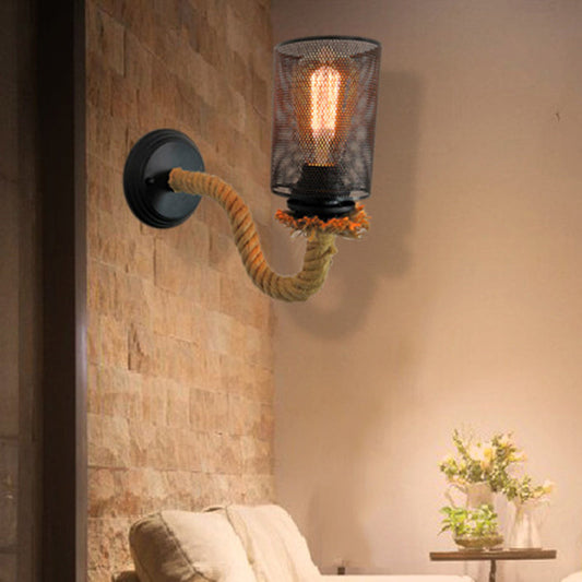 Frendorf | Schwarze Zylinder Wandbeleuchtung Vintage Metall 1 Licht Esszimmer Wandleuchte mit Seilarm