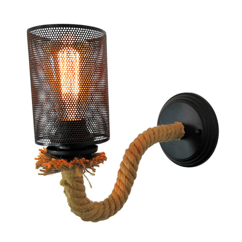 Frendorf | Schwarze Zylinder Wandbeleuchtung Vintage Metall 1 Licht Esszimmer Wandleuchte mit Seilarm