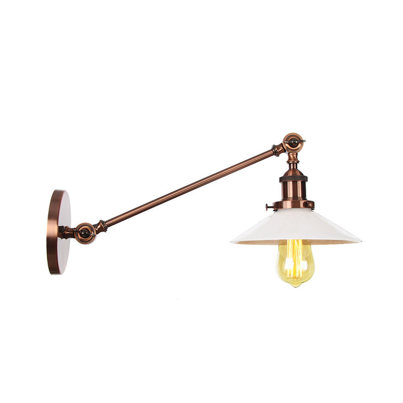 Frendorf | Industriële Conische Wandlamp 1 Licht Opal Glas Wandlamp in Zwart/Roodkoper/Messing met Arm, 8"/12" L