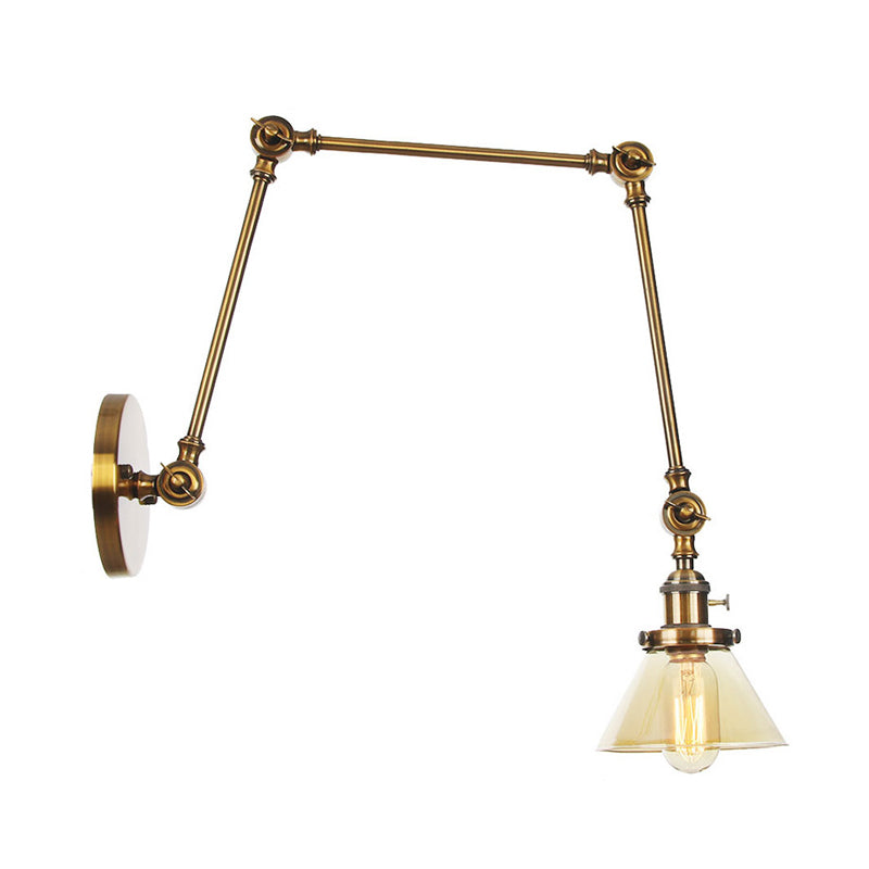 Frendorf | 1 Licht Wandlamp Industriële Conische Duidelijk/Amber Glazen Wandlamp in Zwart/Bronze/Messing met Verstelbare Arm, 8“+8"/8"+8"+8" Lang