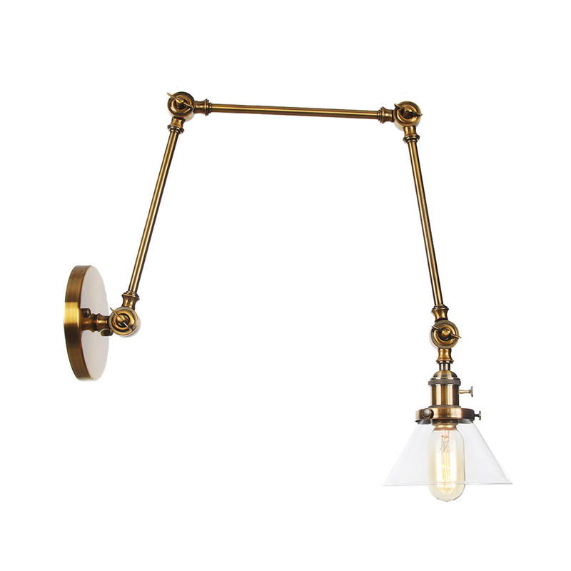 Frendorf | 1 Licht Wandlamp Industriële Conische Duidelijk/Amber Glazen Wandlamp in Zwart/Bronze/Messing met Verstelbare Arm, 8“+8"/8"+8"+8" Lang