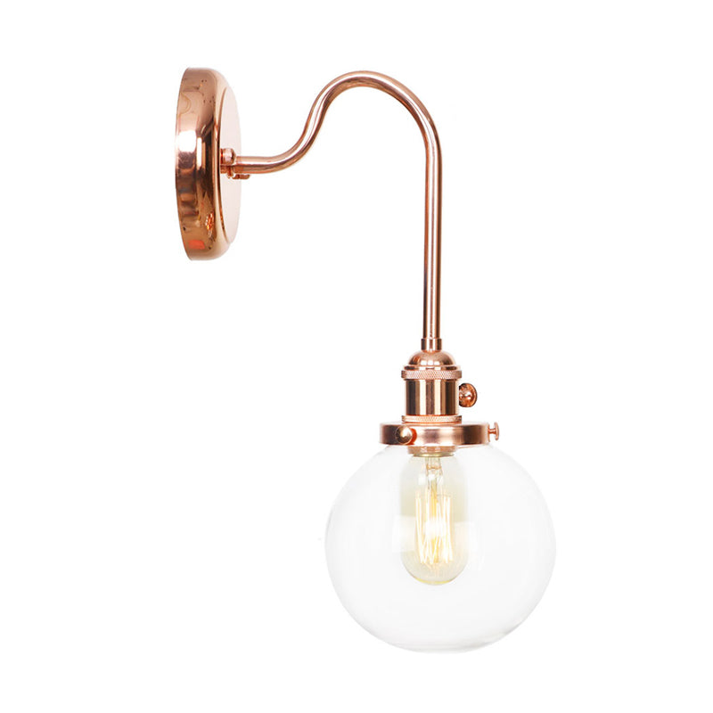 Frendorf | Vintage Globe Wandverlichting 1 Licht Duidelijk/Amber Glas Wandlamp in Koper met Bochtige Arm