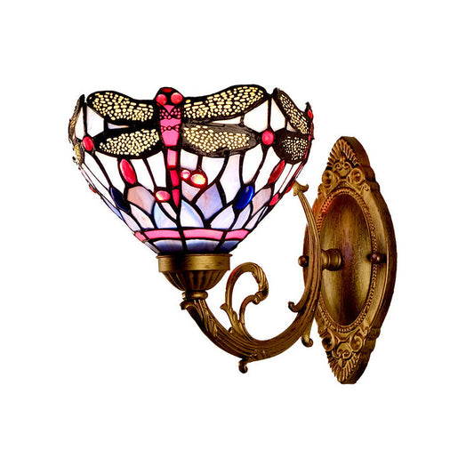 Frendorf | Messing Libelle Wandlamp Tiffany 1 Licht Handgeslepen Glazen Wandlamp met Gebogen Arm