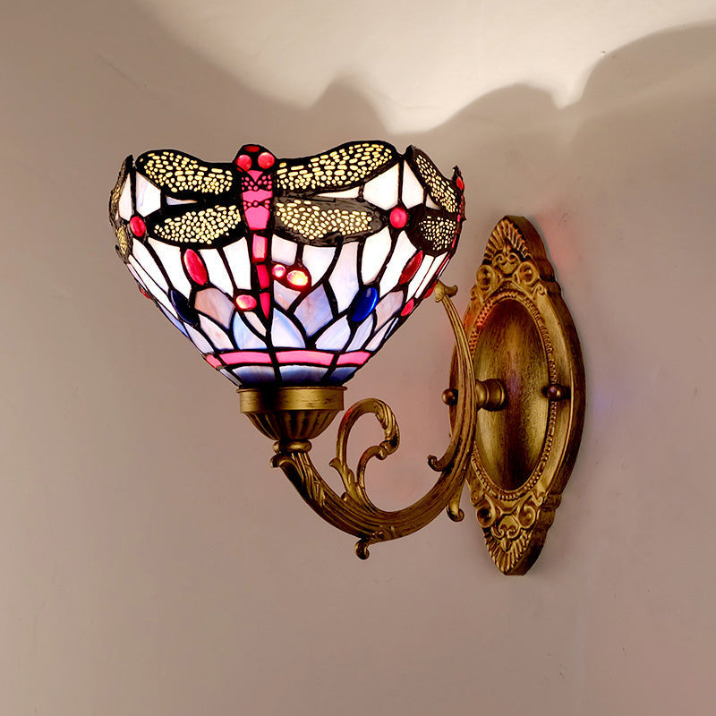 Frendorf | Messing Libelle Wandlamp Tiffany 1 Licht Handgeslepen Glazen Wandlamp met Gebogen Arm