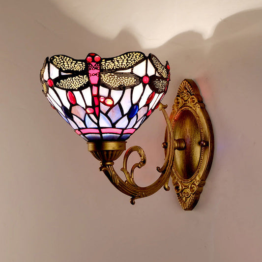 Frendorf | Messing Libelle Wandlamp Tiffany 1 Licht Handgeslepen Glazen Wandlamp met Gebogen Arm