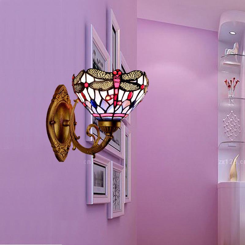Frendorf | Messing Libelle Wandlamp Tiffany 1 Licht Handgeslepen Glazen Wandlamp met Gebogen Arm
