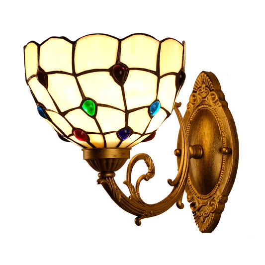 Frendorf | 1 Licht Badezimmer Vanity Lampe Mediterrane Messing Wandleuchte mit Perlen weißem Glasschirm